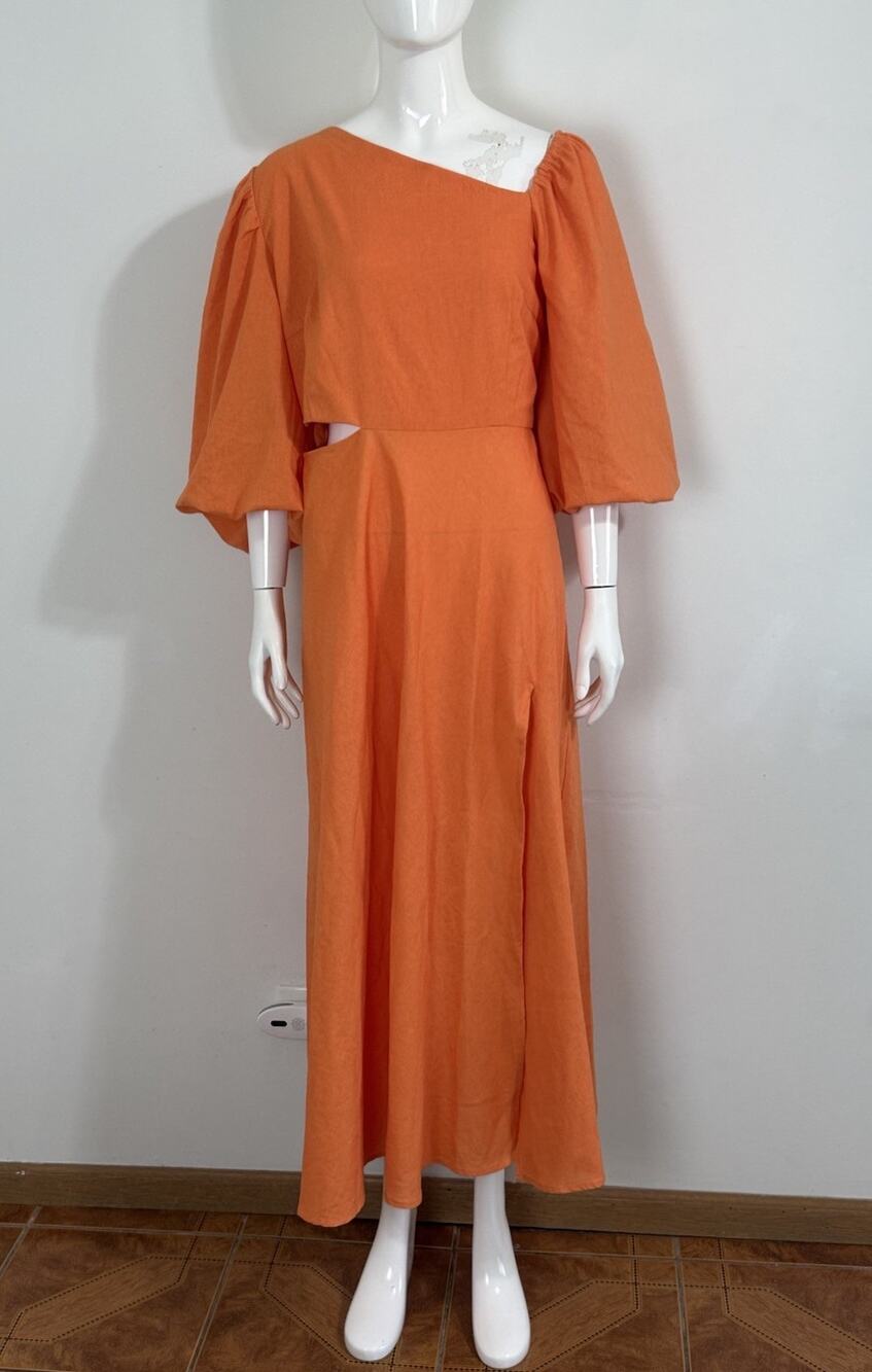 Showpo Rhyne Midi Dress Orange Asymmetric Puff Sleeve Side Cut Out A Line 12 NWT